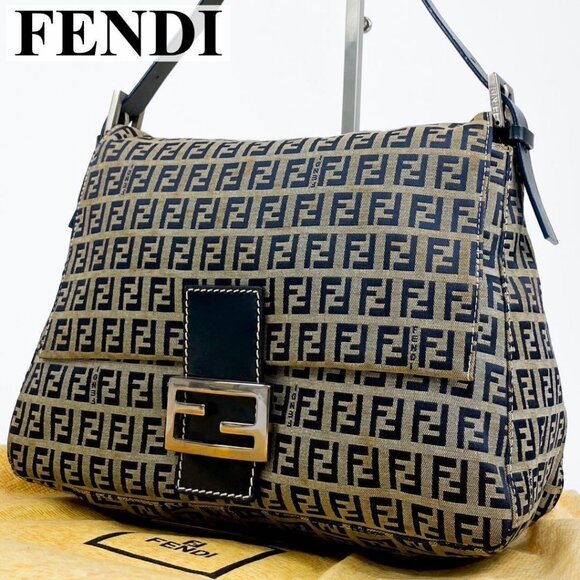 Authentic FENDI Mamma Zucca Bucket Baguette Navy Tan Flap Bag Purse Tote FF - Picture 2 of 13